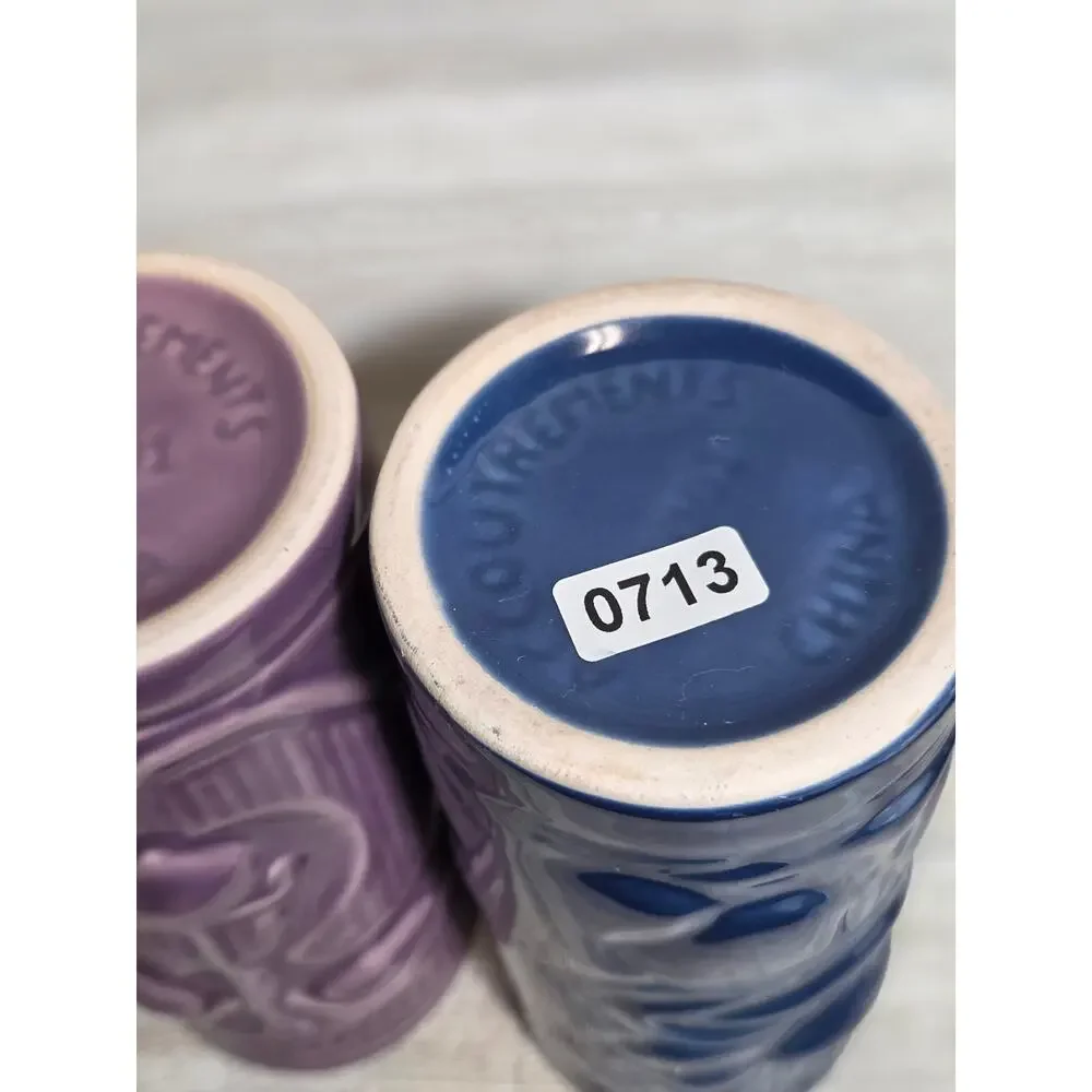Hawaiian Tiki Mugs Big Al Artie Ceramic Pair Blue Purple 2001 Accoutrements